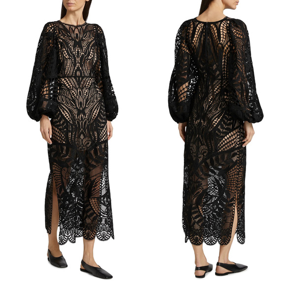 NEW $420 Farm Rio Nature Guipure Crochet Lace Black Midi Dress size Small J1791 - Picture 1 of 11